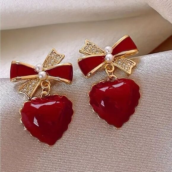 💲6️⃣ Bundled ✔️Bauble Heart-Shaped Dangle Red Gold Heart Earrings - Picture 1 of 10